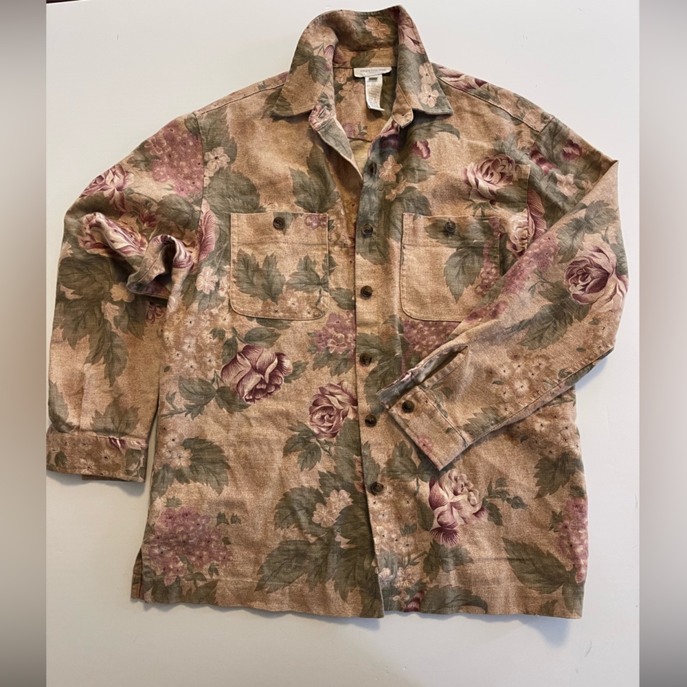 80s‎ Cottage Rose Lilac Floral Linen Shirt Jacket S